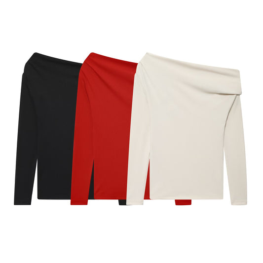 Women's new fashion soft texture asymmetric long sleeved T-shirt