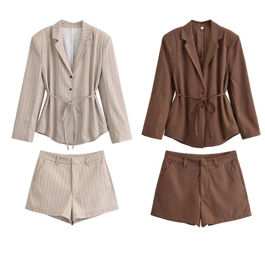 Women's new fashion with Belt long sleeved single breasted striped suit coat+Shorts Women's suit