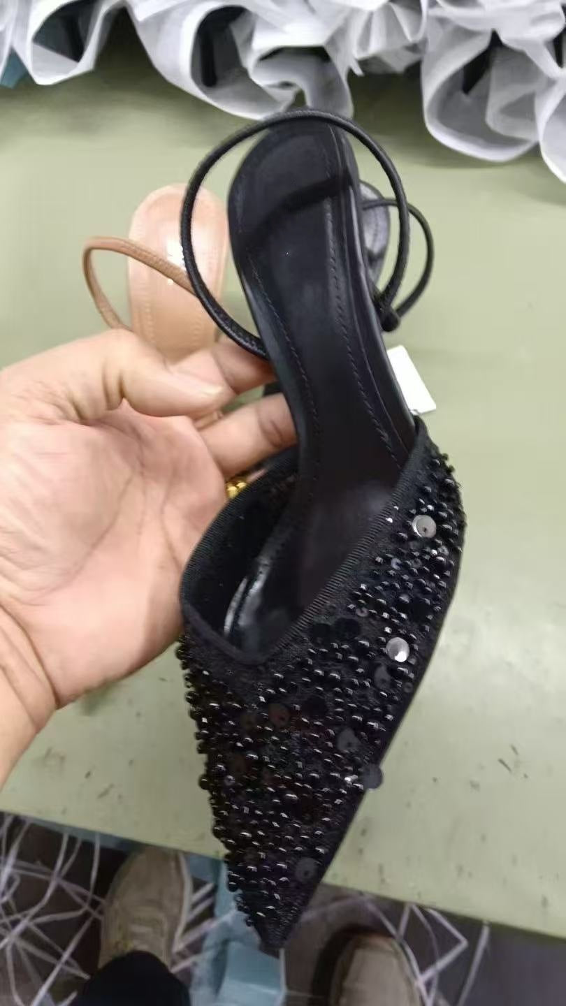 Women's New Fashion Joker Beaded Inlaid Mesh with Pointed High Heels