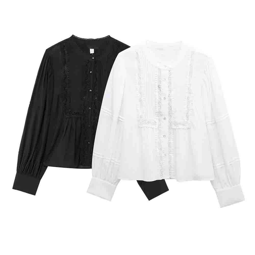 Women's new Fashion casual single breasted fine pleated lace shirt