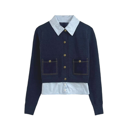 Women's new fashion fake two-piece spliced short knitted cardigan