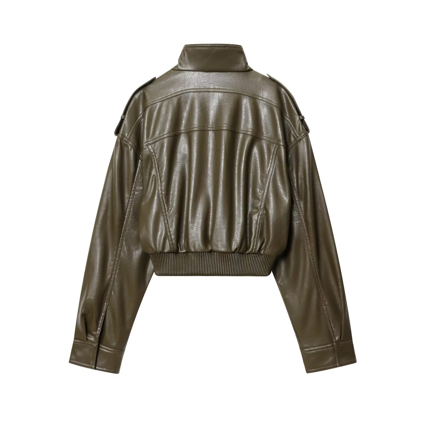 Women's new fashion faux leather effect short stand collar jacket Coat