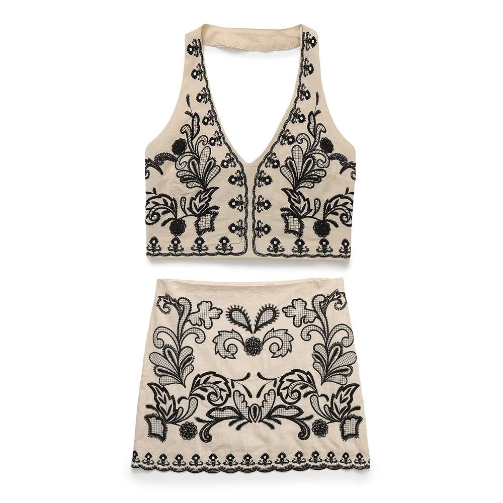 Women's new fashion short embroidered hanging collar top+Skirts suit