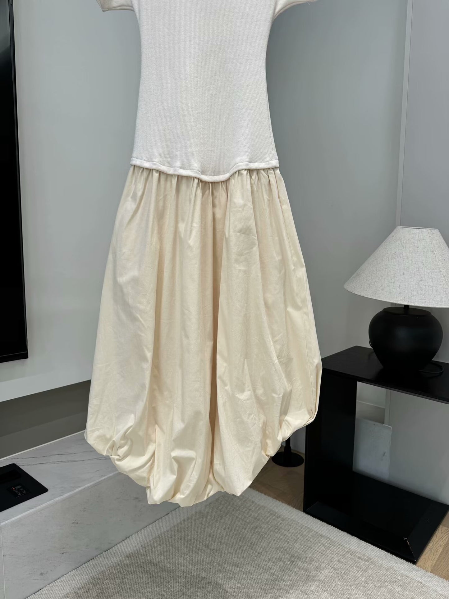 Ladies' new fashion balloon shaped elastic slim short sleeved patchwork MIDI dress