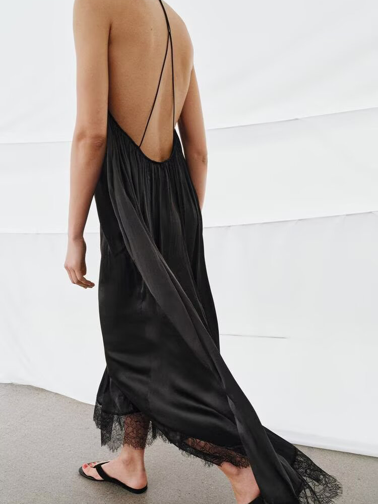 Women's satin textured hanging neck collar dress