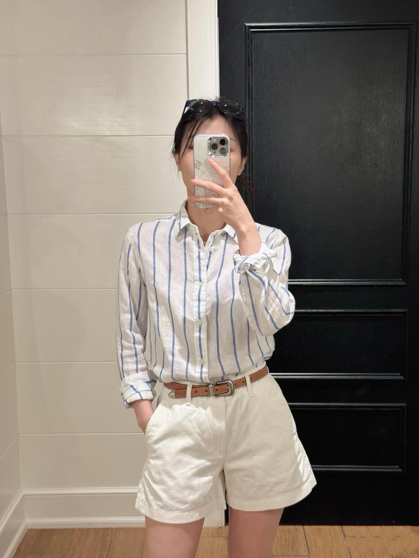 Women's new fashion Joker embroidered slub cotton striped lapel loose long sleeve shirt top.