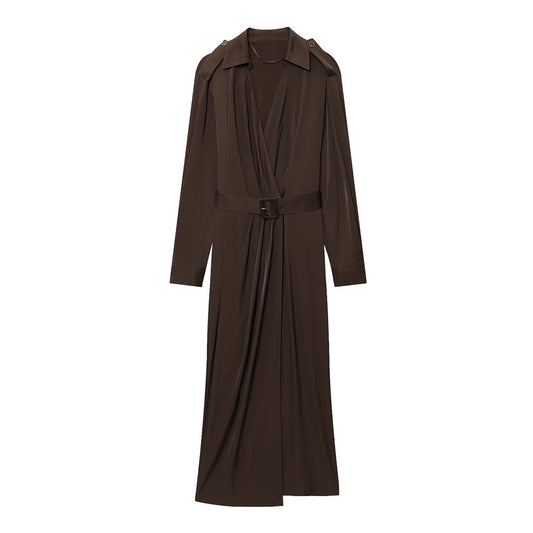 Women's New Fashion With Belt Long Sleeve Pleated Midi Dress