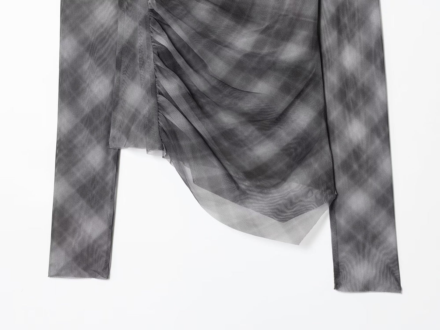 Women's new fashion pleated design slim plaid tulle T-shirt