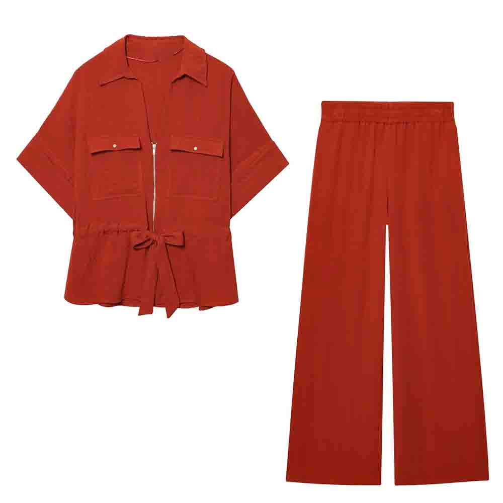 Women's new fashion bow decoration casual short sleeved zipper shirt+Pants Women's suit