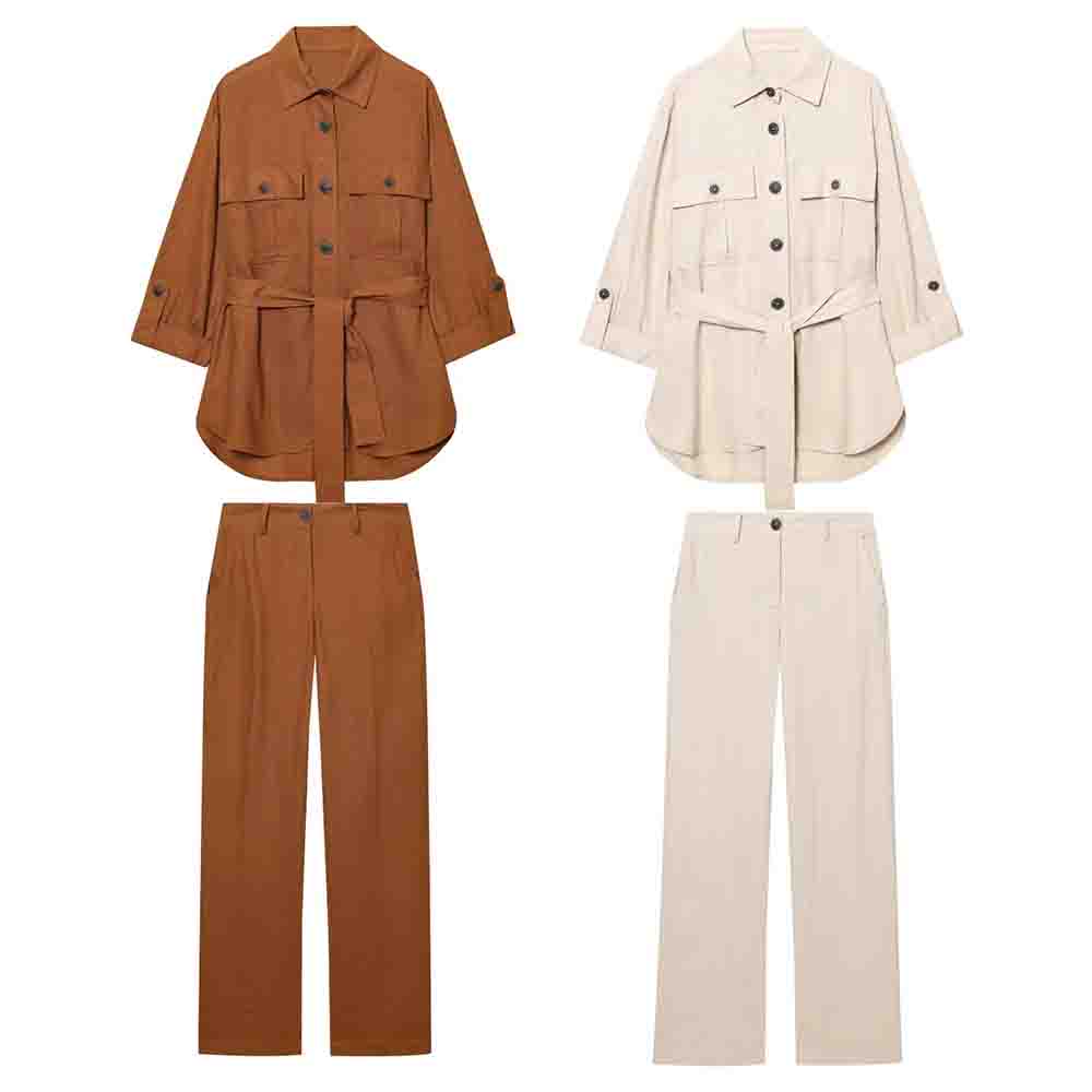 Women's new fashion with belt casual linen blend button up shirt+Pants Women's suit
