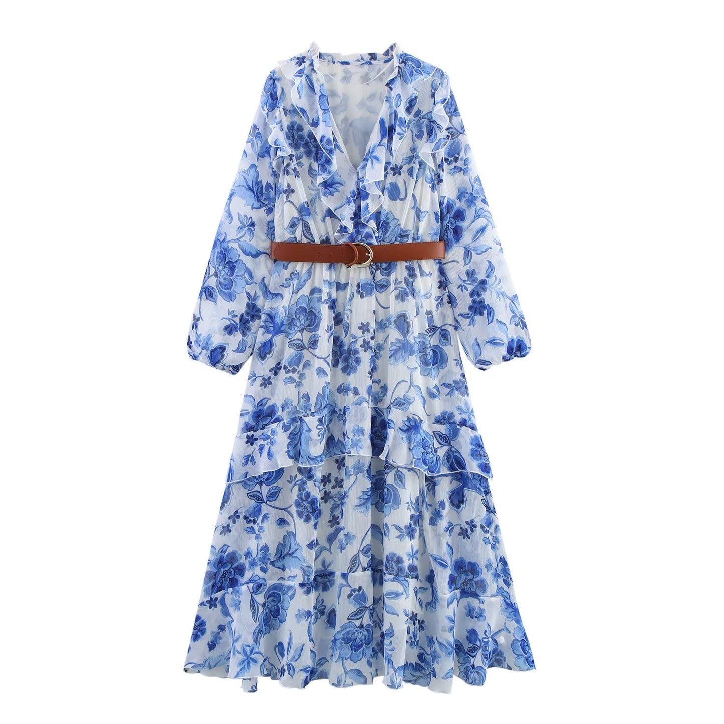 Women's new fashion with Belt casual layered decorative print V-neck MIDI dress retro long sleeved women's dress+Skirts Women's suit