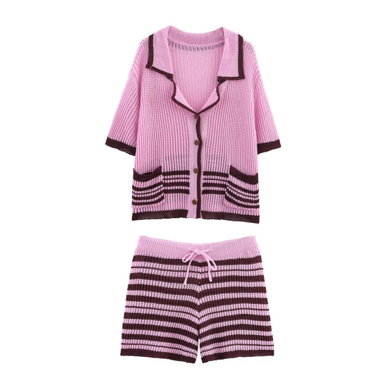 Women's new fashion casual single breasted striped knitted polo shirt coat+Shorts Women's suit