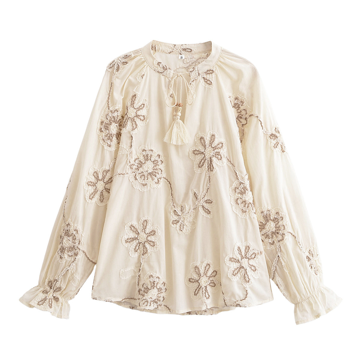 Women's new Fashion long sleeved embroidered lace up shirt