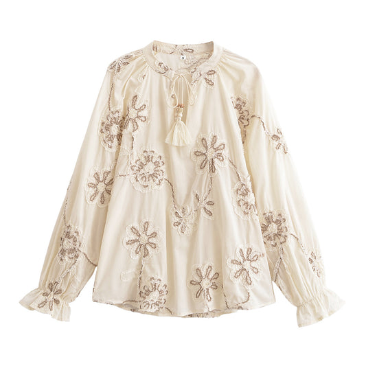 Women's new Fashion long sleeved embroidered lace up shirt