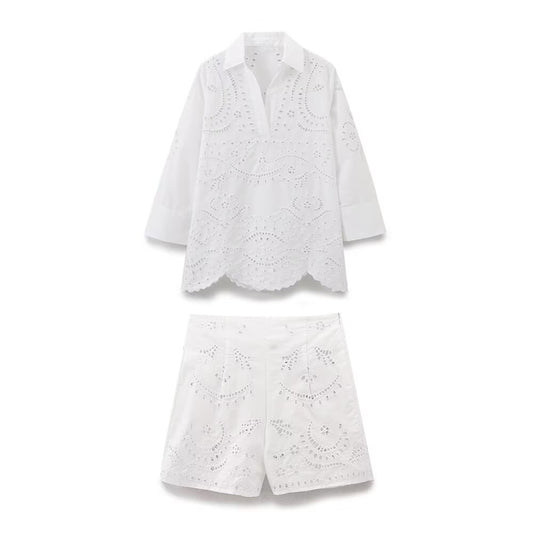 Suit women's 2-piece 2025 fashion openwork embroidered shirt retro women+shorts women's suit