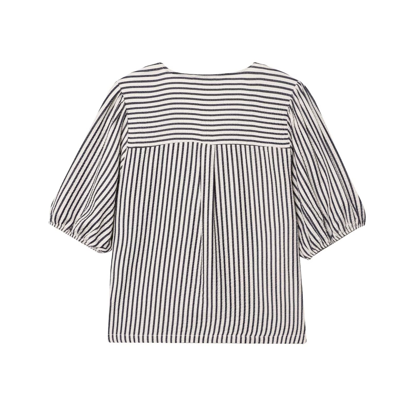 Women's new fashion bow decoration short sleeved striped shirt