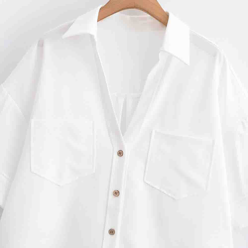Women's New Fashion Short sleeved Single breasted Blended V-neck Shirt