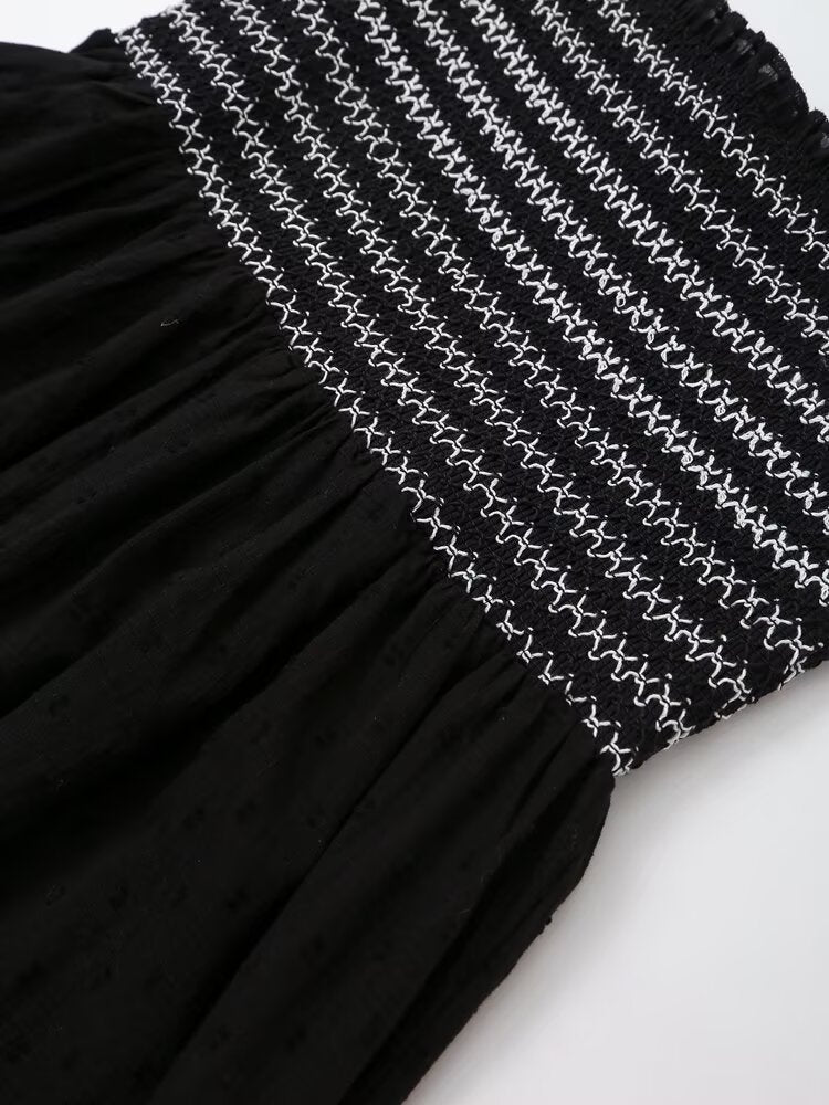 Women's new fashion sleeveless pleated embroidered suspender MIDI dress