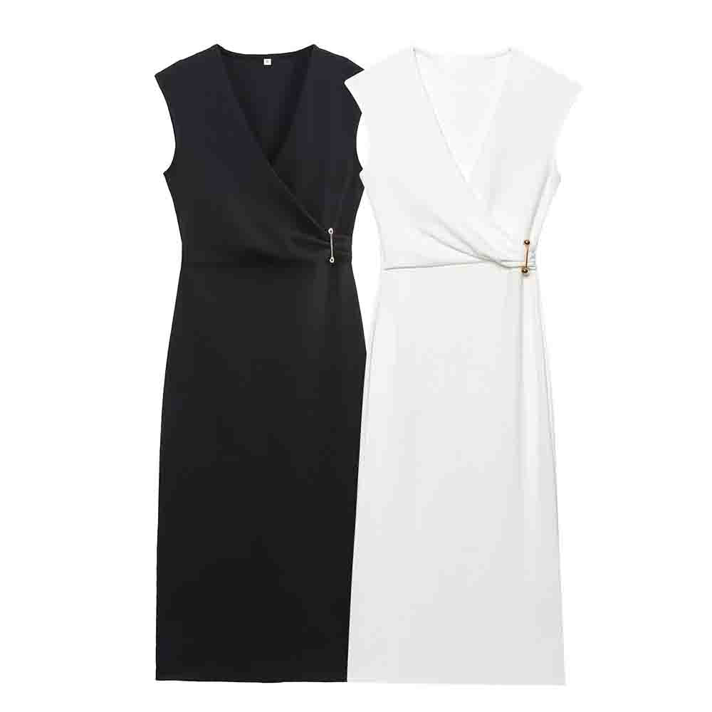 Women's new fashion pleated pin decoration slim V-neck sleeveless MIDI dress
