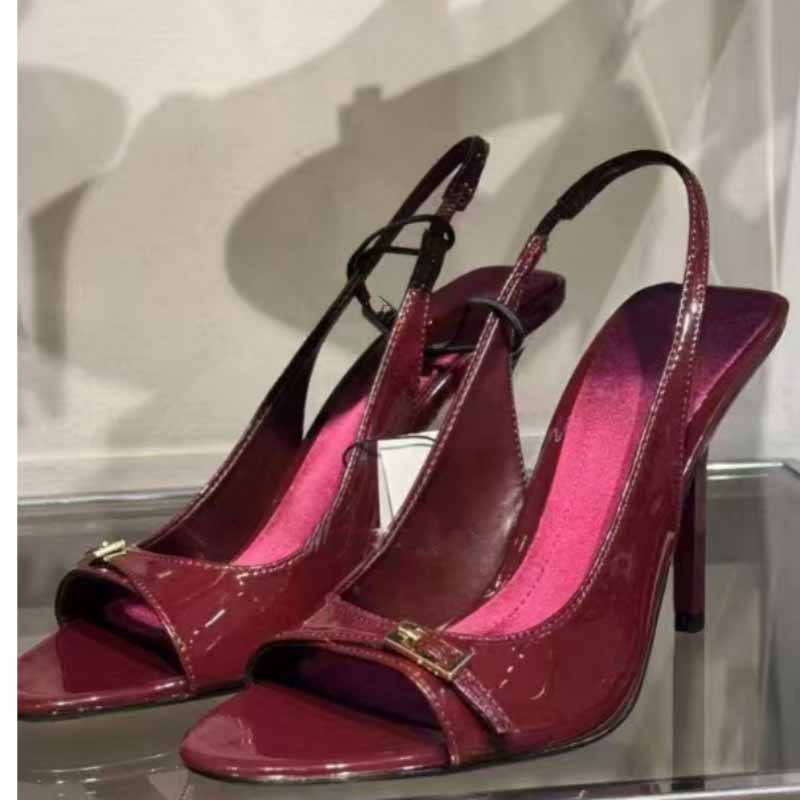 Women's New Fashion Joker High-heeled Shoes Patent Leather Round Toe Stiletto Sandals.