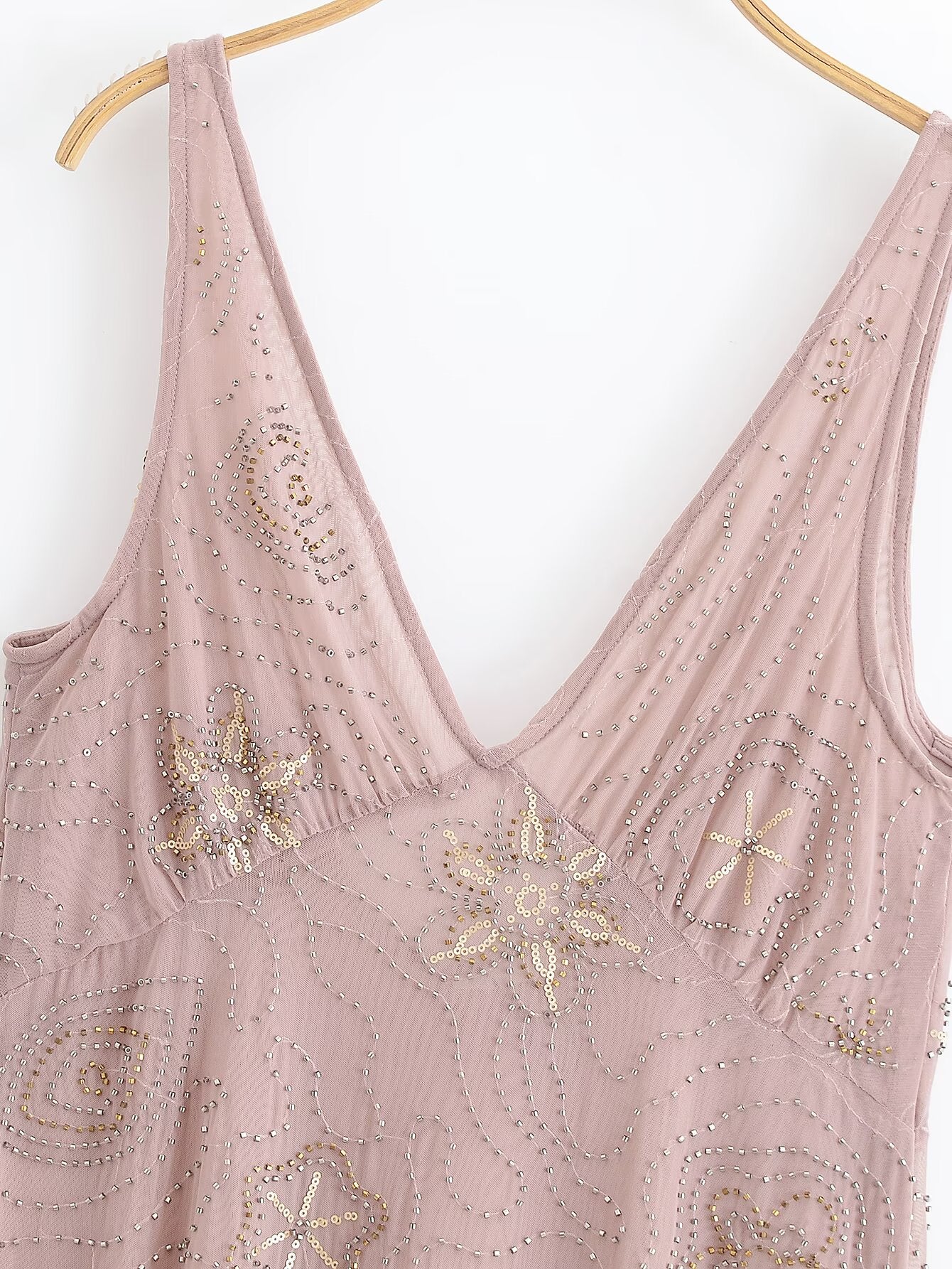 Women's new fashion bead decoration sleeveless draped V-neck MIDI dress