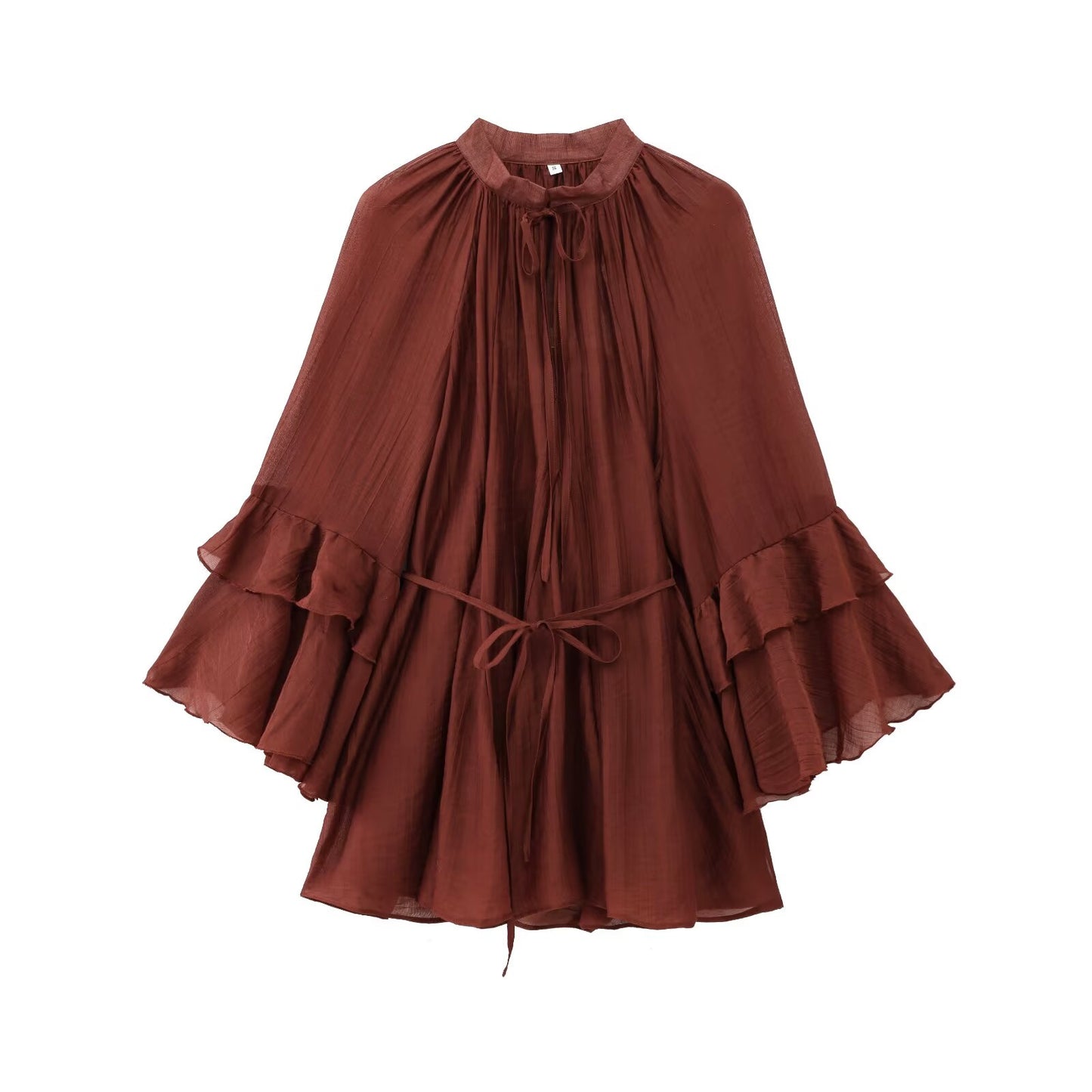 Women's new fashion ruffle edge decoration loose lace up long sleeved mini dress