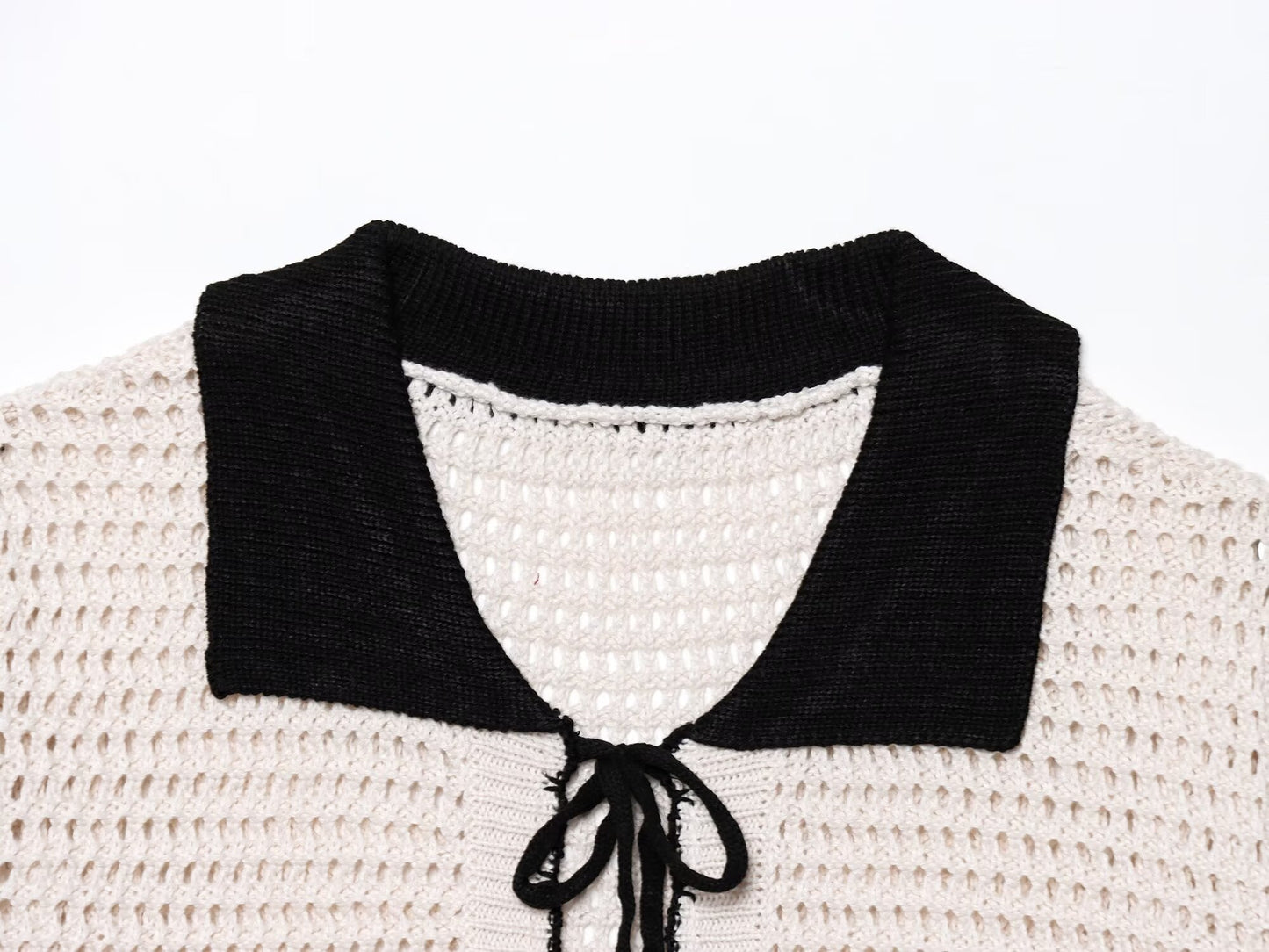 Women's new fashion bow Lace up decoration casual crochet polo shirt collar top