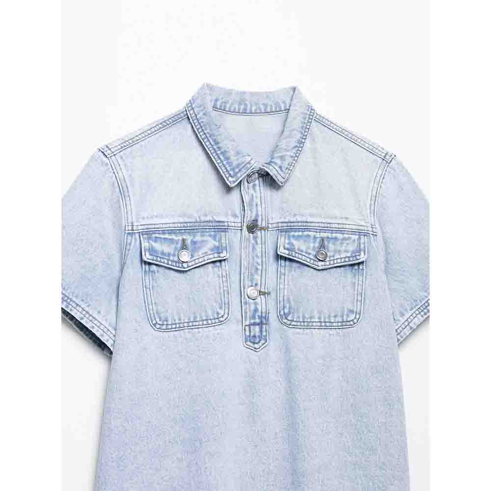 Women's new fashion pocket decoration short sleeved shirt style denim mini dress