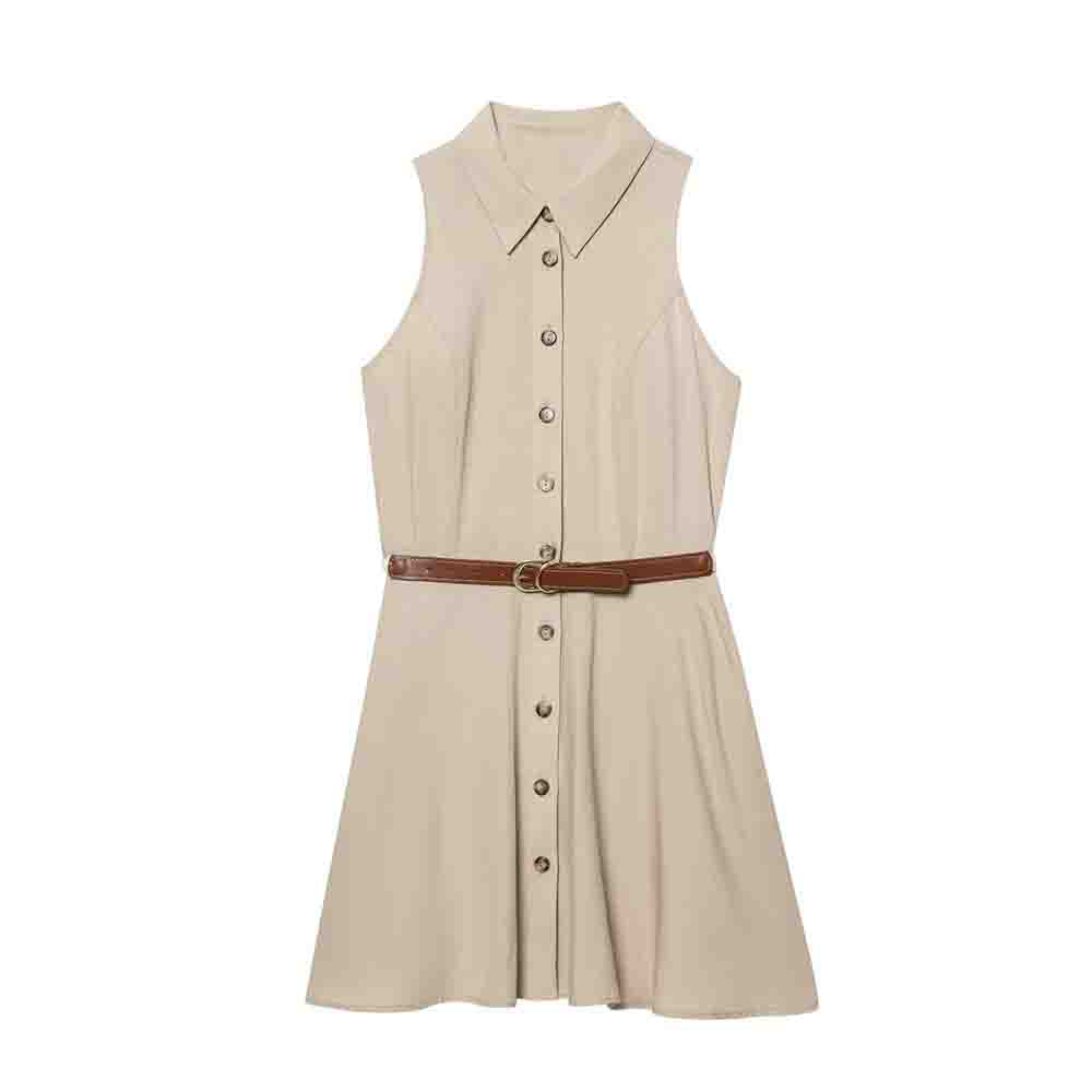 Women's new fashion with belt slim single breasted sleeveless shirt style mini dress