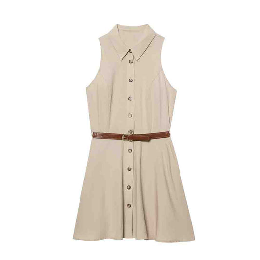 Women's new fashion with belt slim single breasted sleeveless shirt style mini dress