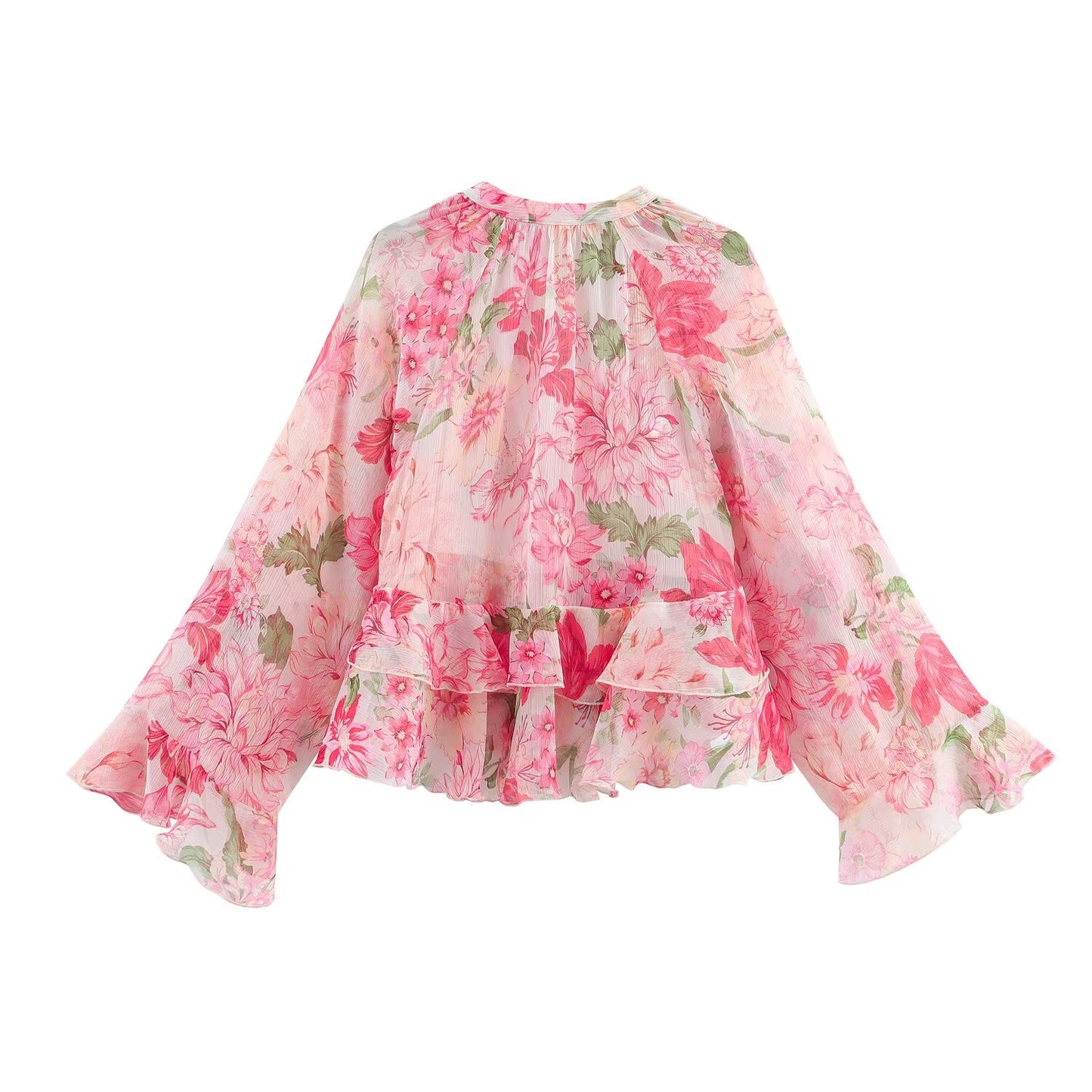 Women's' New Fashion layered decoration long sleeved V-neck floral printed shirt