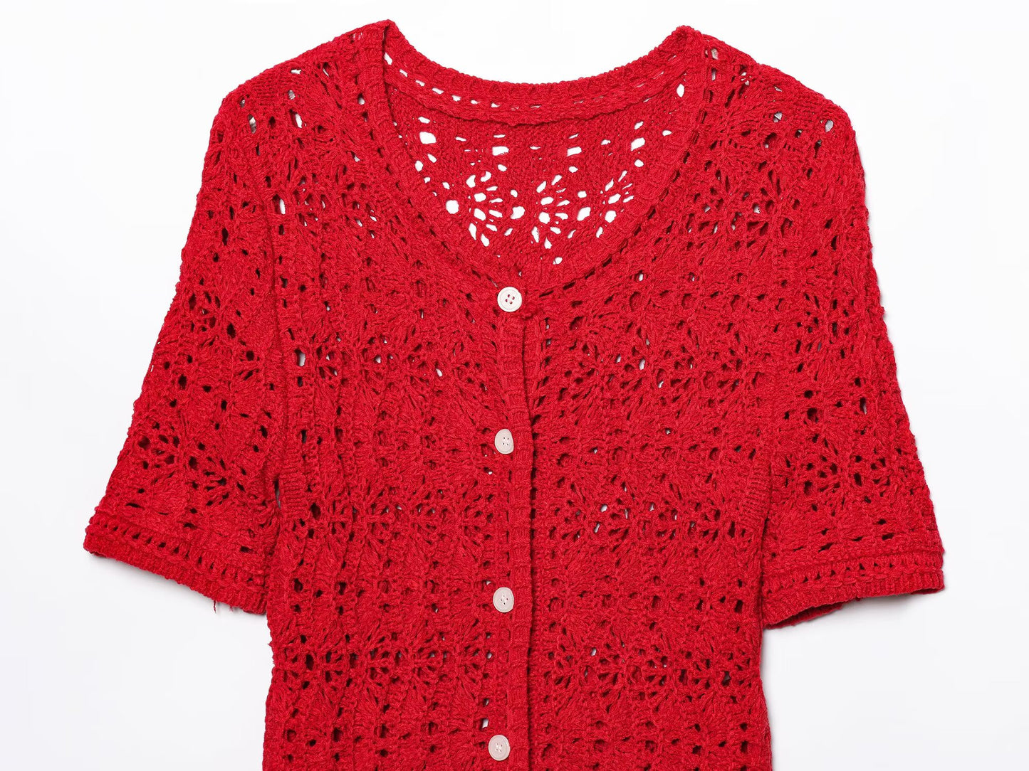 Women's New Fashion Casual Single breasted Short sleeved Hollow Knitted Coat