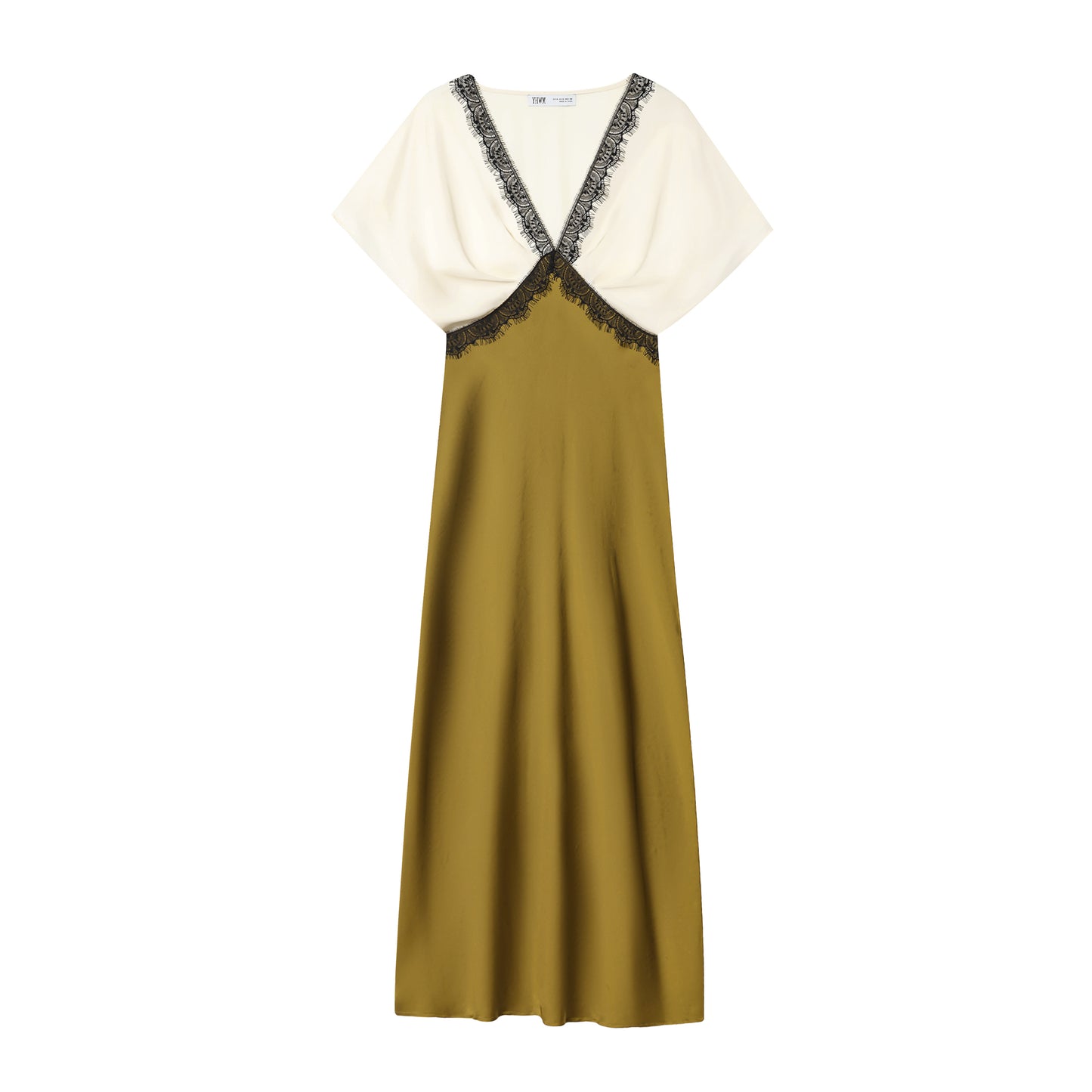 Women's new fashion contrasting lace V-neck satin texture MIDI dress