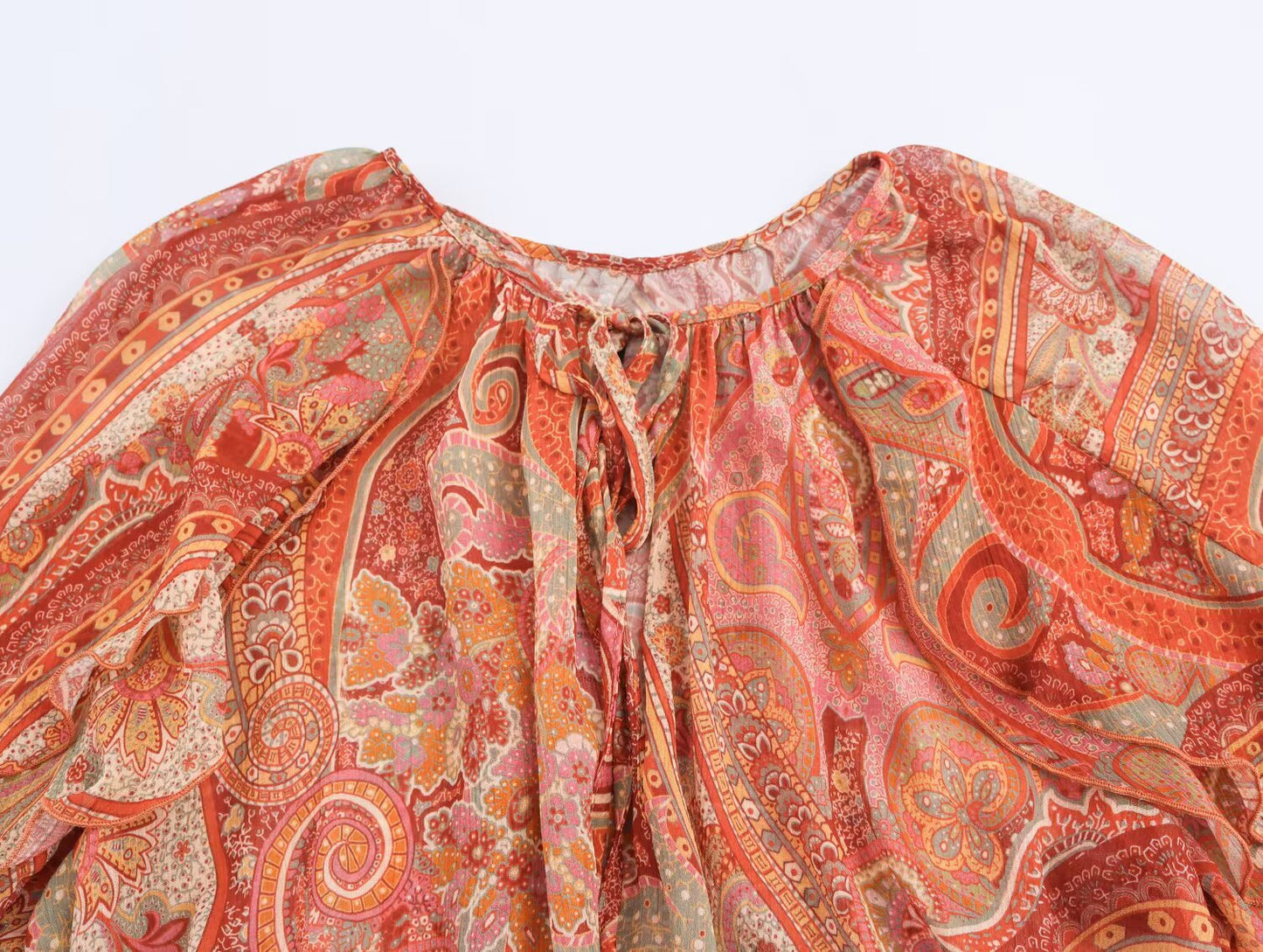 Women's new fashion printed trumpet sleeves ruffle edge top