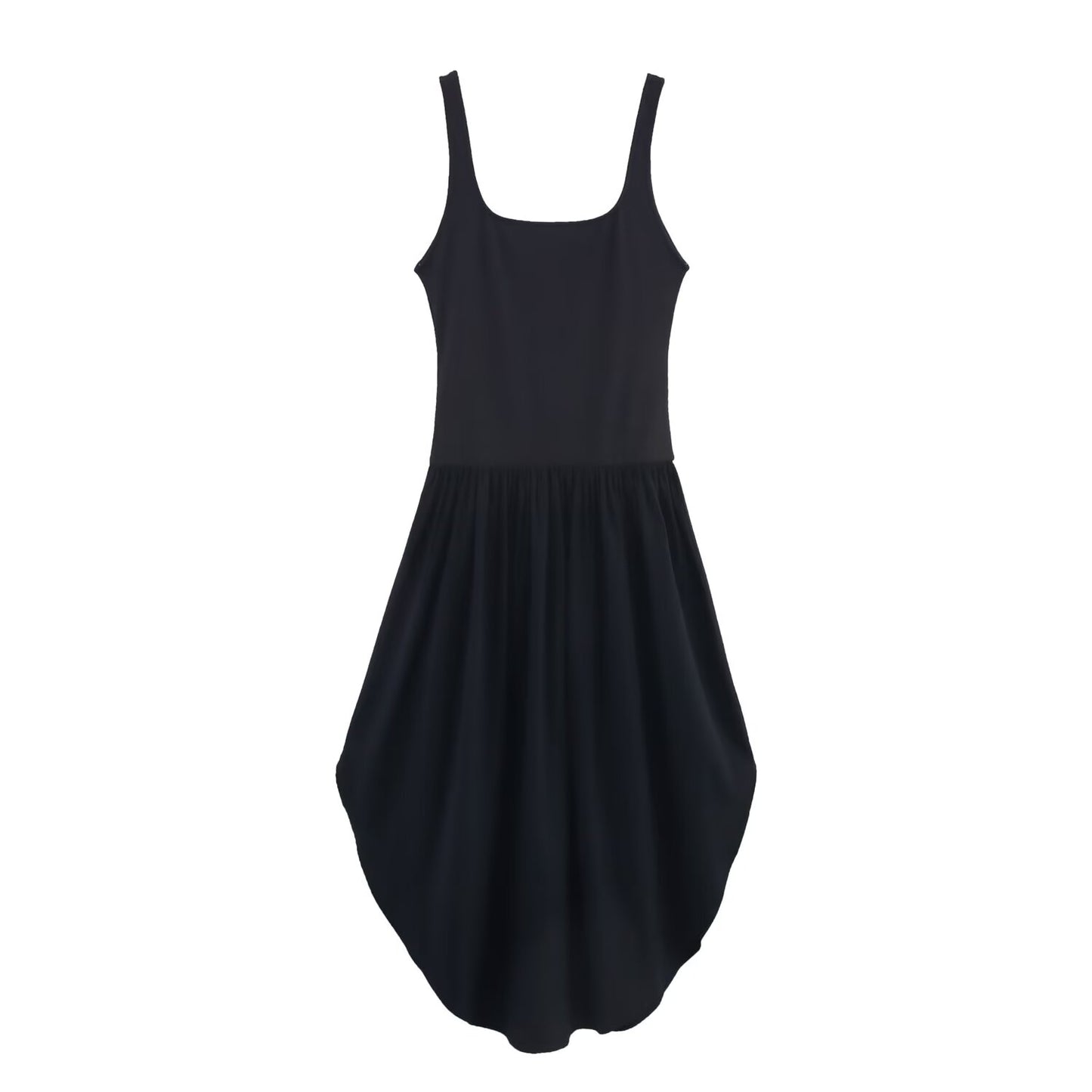 Women's new Fashion wide pleated hem slim backless patchwork MIDI dress retro sleeveless wide shoulder strap women's dress