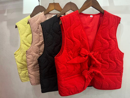 Ladies' 2025 New Fashion Bow Decoration Loose V-neck Warm Cotton Vest