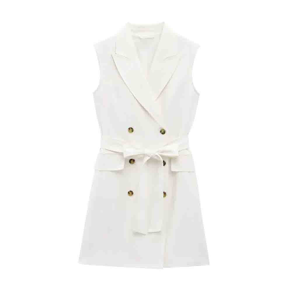 Women's 2025 new fashion With Belt linen blend double breasted suit style mini dress retro sleeveless women's dress