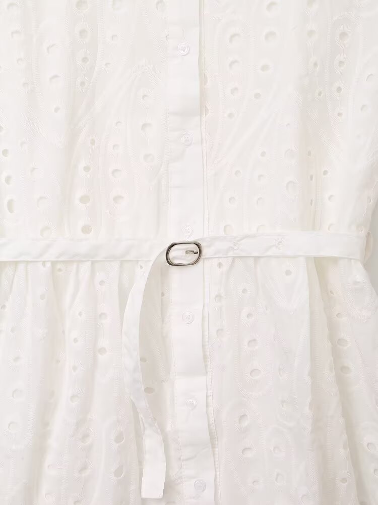 Women's New Fashion With Belt Hollow Embroidered shirt style Mini Dress