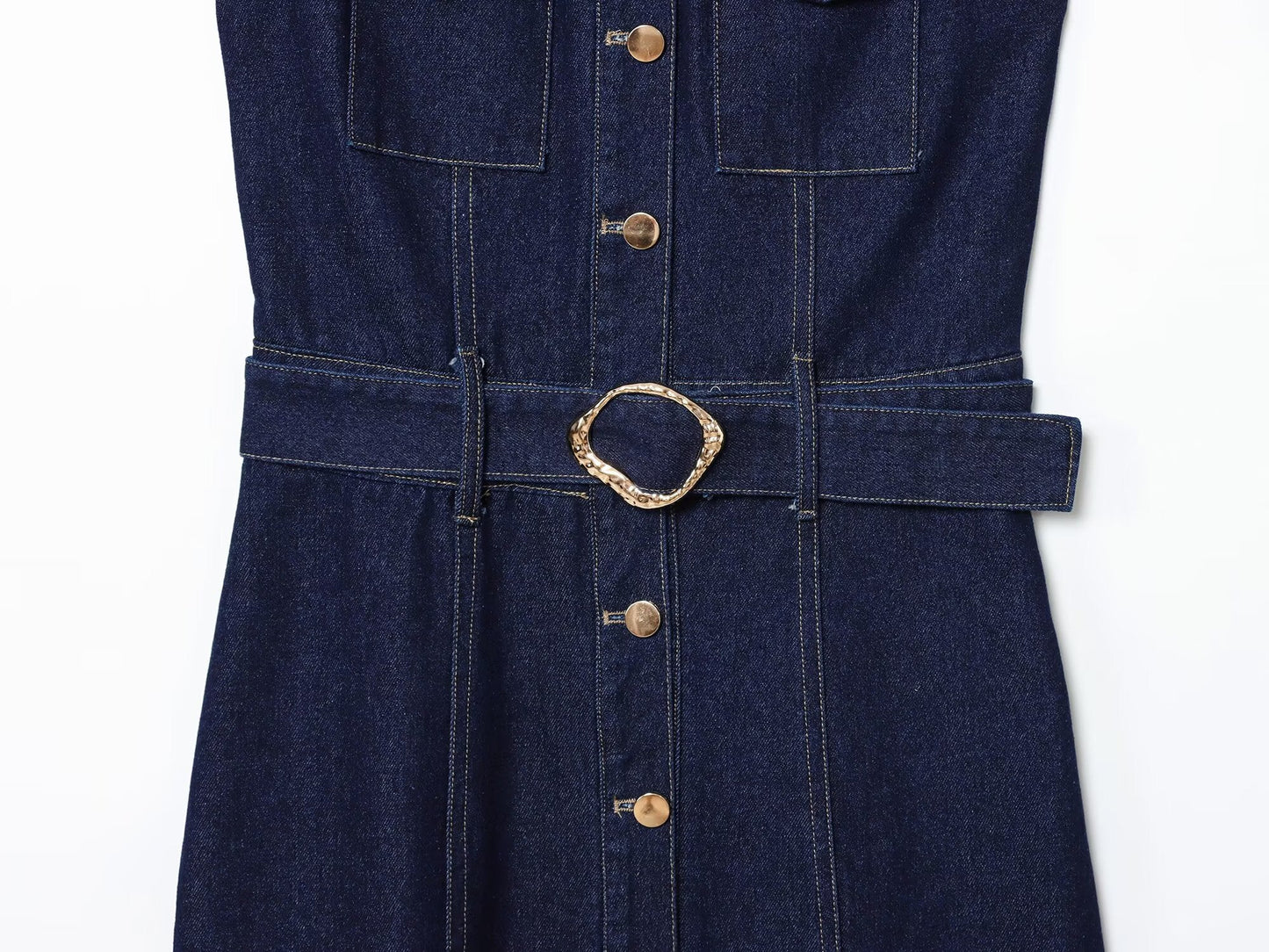 Women's new fashion with Belt slim O Neck denim Midi dress