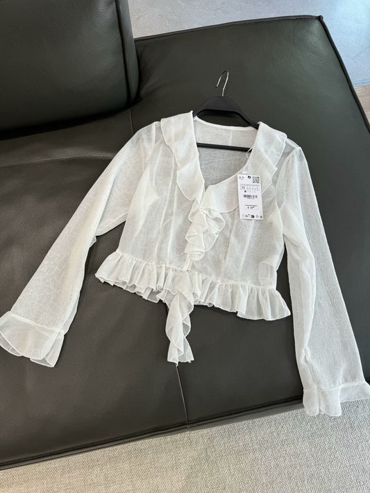 Women's 2025 sweet fashion laminated decorative translucent shirt retro long-sleeved blouse 