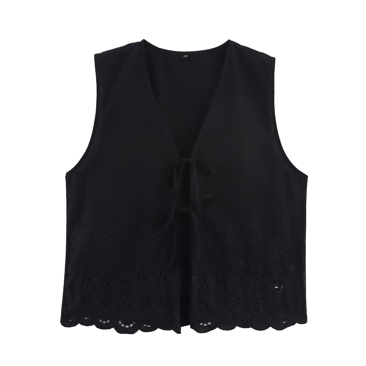 Women's new fashion hollow embroidery linen blended V-neck vest