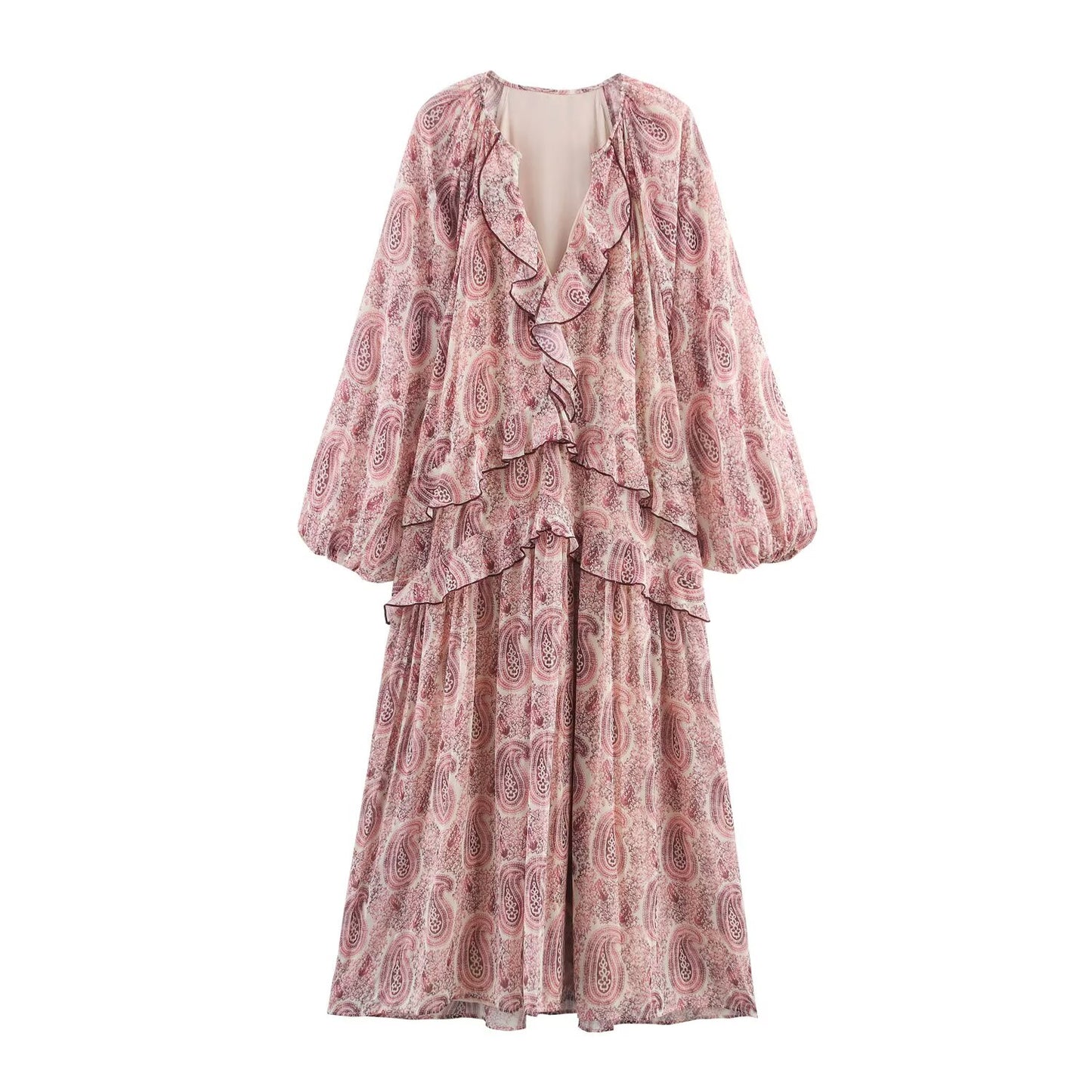 Women's new Fashion printed chiffon V-neck MIDI dress