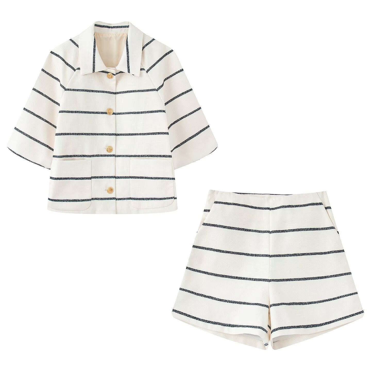 Women's New Fashion Casual Single breasted Short sleeved Striped Top+Shorts Women's suit