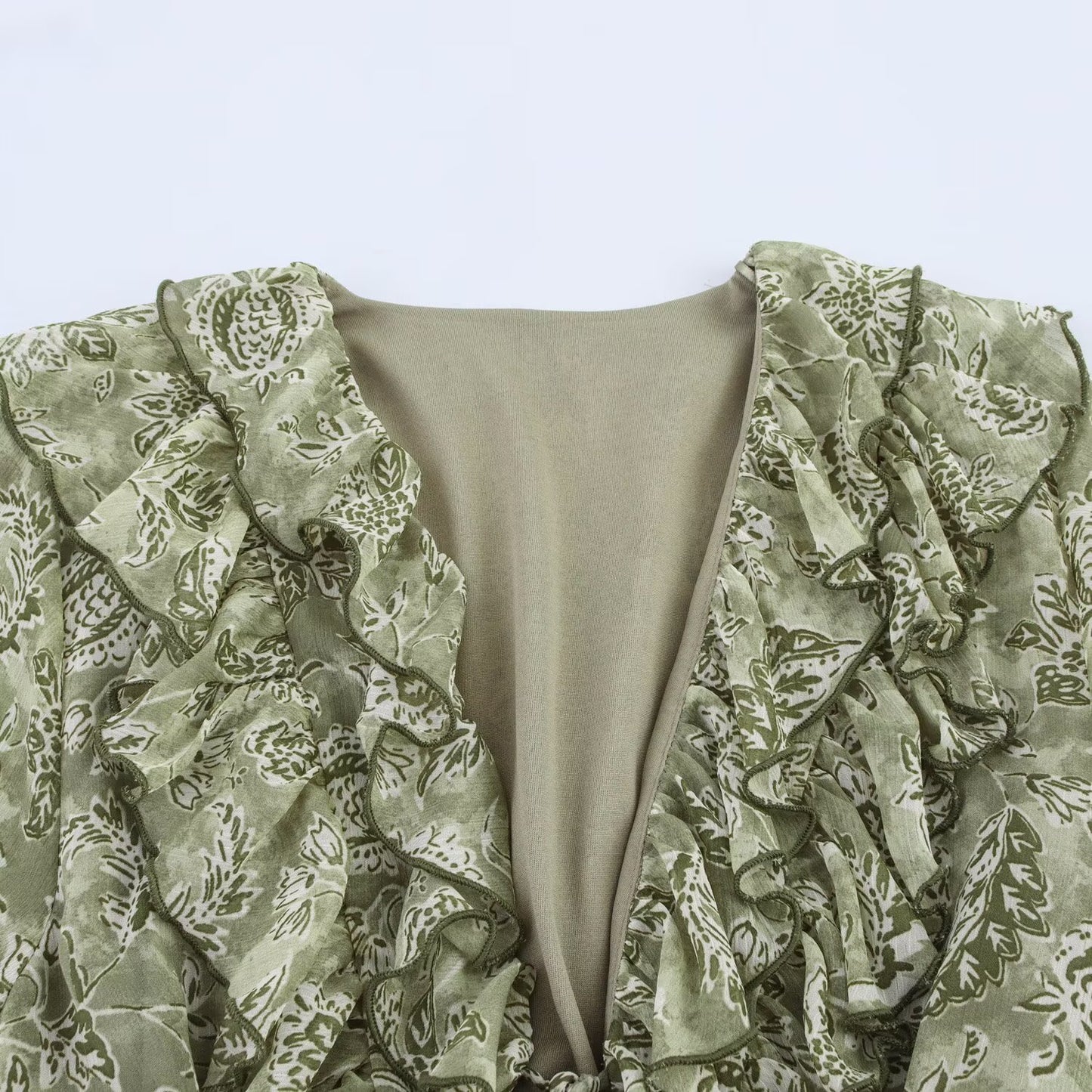 Women's new chic fashion With belt casual layered decoration print V-neck MIDI dress retro long sleeved lace up women's dress