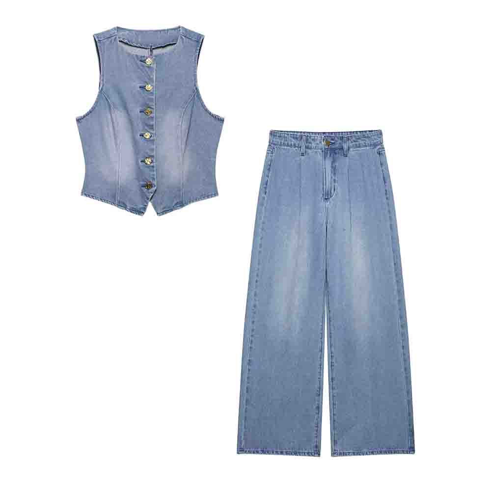 Women's 2025 new fashion slim single breasted denim vest+Jeans Women's suit