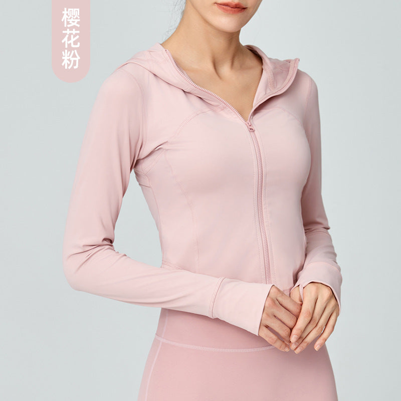 Women's Autumn Nude Sports Coat Zipper Hoodie Yoga Clothes Long Sleeve Openwork Mesh Fitness Coat 