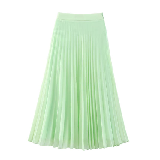 Women's new fashion casual versatile solid pleated MIDI skirt retro high waisted side zipper women's skirt
