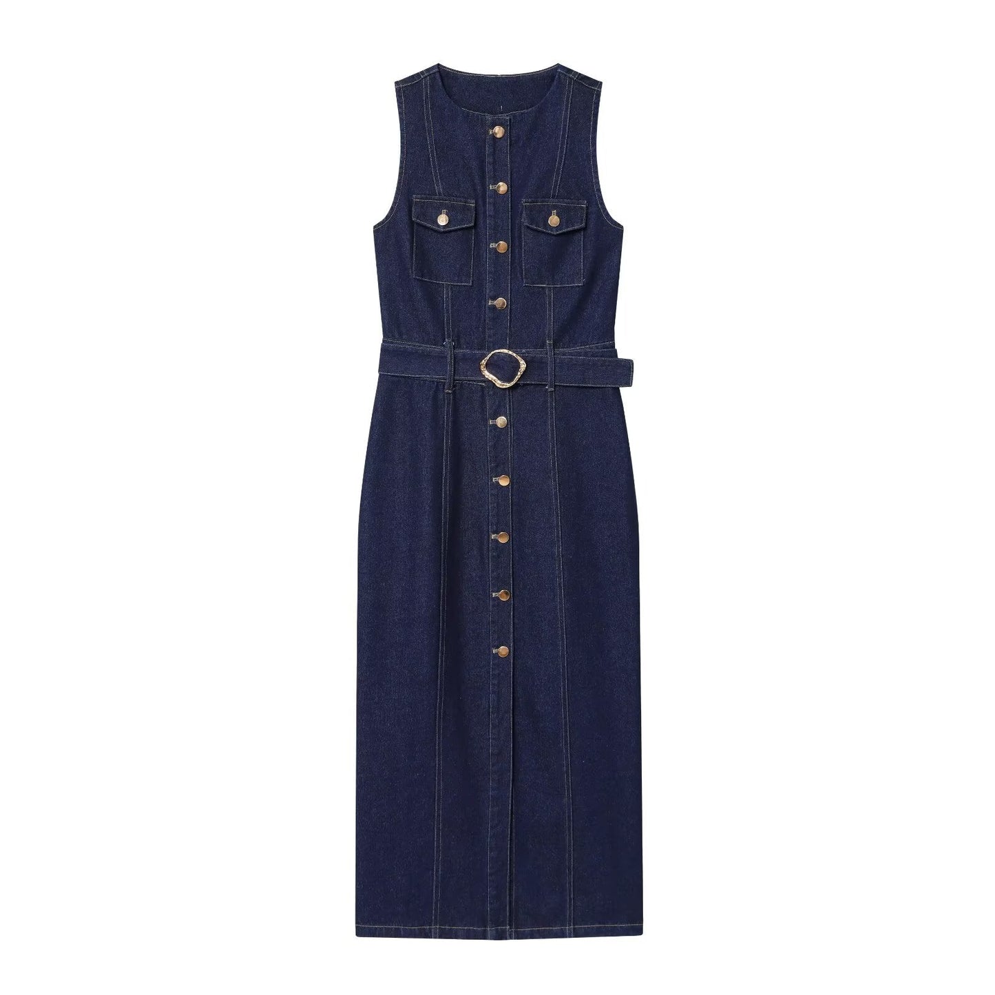 Women's new fashion with Belt slim O Neck denim Midi dress
