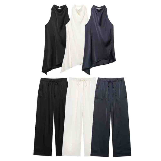 suit Women's 2 pieces fashion sleeveless satin texture hanging neck top+Pants suit