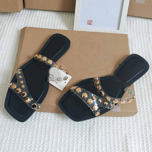 Women's New Casual Joker Women's Flat Sandals Metal Decorative Flat Slippers